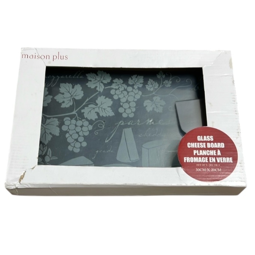 MAISON Plus Glass Cheese Board Set Stainless Steel Spreader Fork Ceramic NIB